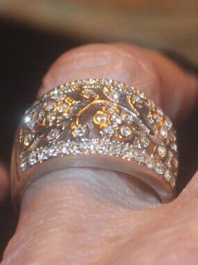 925 2 Tone Silver with 14K Over Sparkling Topaz Statement Cocktail Band Ring